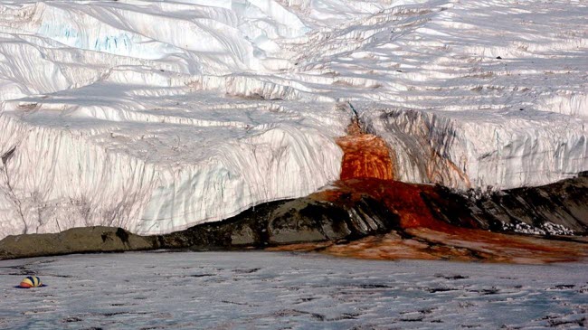 Thác nước có màu đỏ như máu đầy bí ẩn trên sông băng ở vùng Nam Cực. Nhưng màu đỏ của nước thực chất là do nó bắt nguồn từ hồ nước ngầm giàu chất sắt.