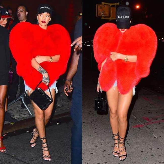 Rihanna luôn nhanh tay cập nhật những món đồ thời trang hot nhất. Chiếc áo khoác lông hình trái tim đã gây xôn xao dư luận kể từ khi cô mặc nó ra phố.