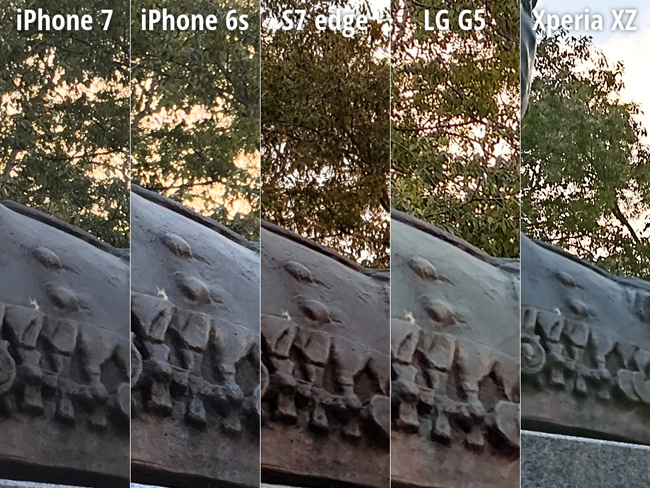 Ảnh chụp bức tượng: iPhone 7 được 8.0 điểm; LG G5 được 8.0 điểm; iPhone 6s được 7.0 điểm; Sony Xperia XZ được 7.0 điểm; Galaxy S7 edge được 5.0 điểm