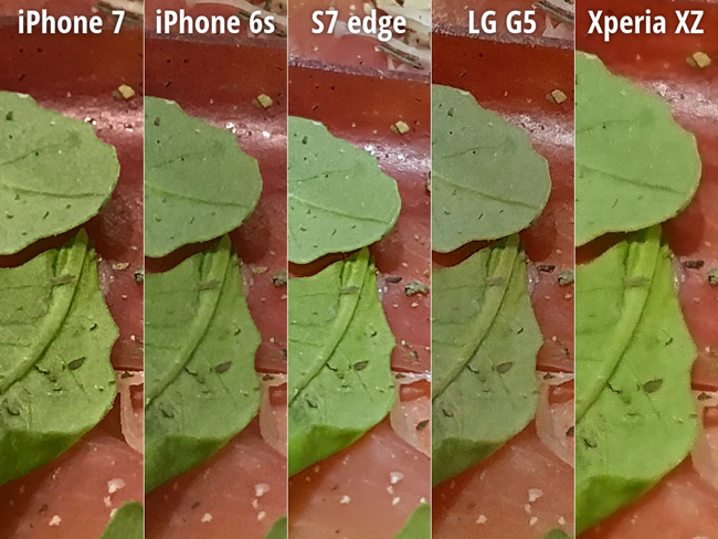 Ảnh chụp đĩa pizza: LG G5 được 7.5 điểm; iPhone 6s được 7.0 điểm; Sony Xperia XZ được 7.0 điểm; iPhone 7 được 6.5 điểm; Galaxy S7 edge được 6.5 điểm