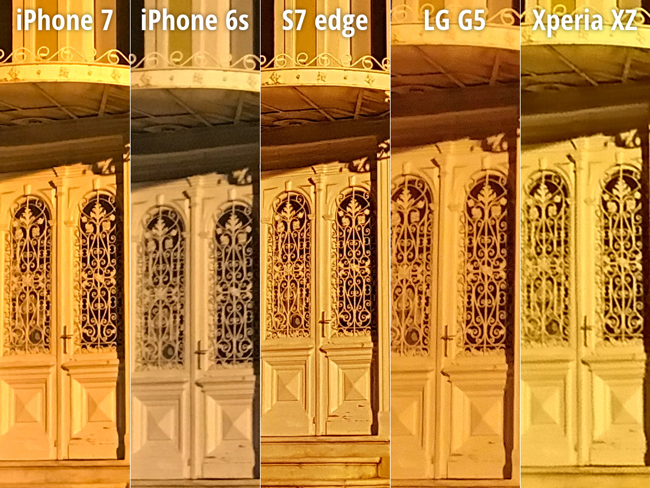 Ảnh chụp bảo tàng ban đêm: iPhone 6s được 8.0 điểm; iPhone 7 được 7.5 điểm; Galaxy S7 edge được 7.5 điểm; LG G5 được 6.5 điểm; Sony Xperia XZ được 6.0 điểm.