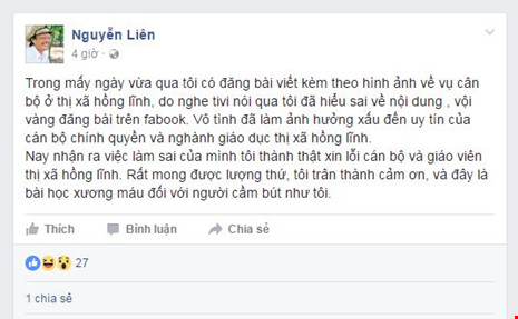 Facebooker gán ảnh bôi nhọ cán bộ Hà Tĩnh đăng xin lỗi - 1