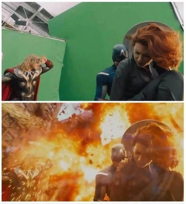 Cảnh quay nổ bom trong The Avengers cũng được tạo nên bởi công nghệ làm ảnh. Không cần phải tạo nổ trên phim trường, khi lên hình vẫn rất chân thực.