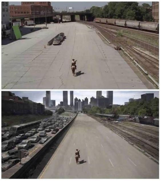 Một cảnh quay trong The Walking Dead với hình ảnh một bên làn đường dày đặc xe hơi. Trên thực tế chỉ có khoảng 3 chiếc xe có ở phim trường.