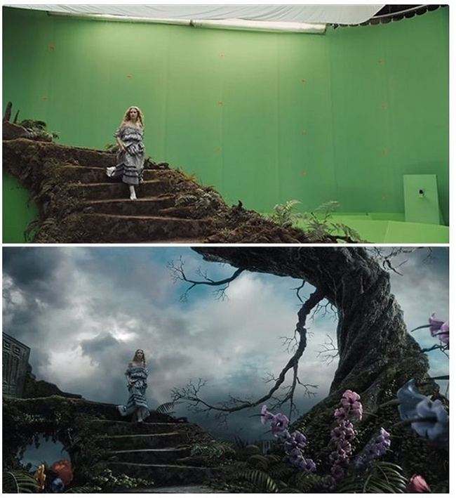 Cảnh quay mờ ảo trong Alice in Wonderland khiến người xem mê mẩn là thế nhưng thực tế lại rất đơn sơ với bối cảnh chính chỉ có một phông nền xanh.