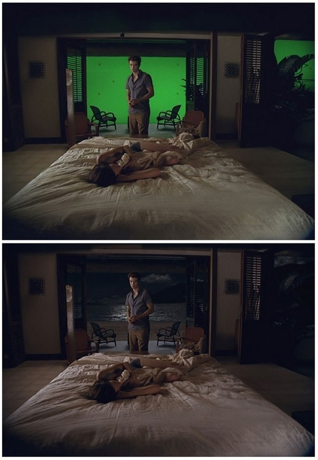 Series phim Chạng vạng "The Twilight Saga: Breaking Dawn" với bối cảnh rất đẹp trong phòng ngủ nhưng thực chất đằng sau chỉ là một phông nền xanh cỡ lớn.
