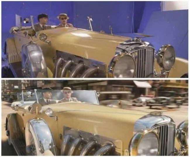 Chỉ có cảnh thực tế là hai diễn viên của The Great Gatsby ngồi trên xe ô tô. Các bối cảnh xung quanh đều là "hàng giả".