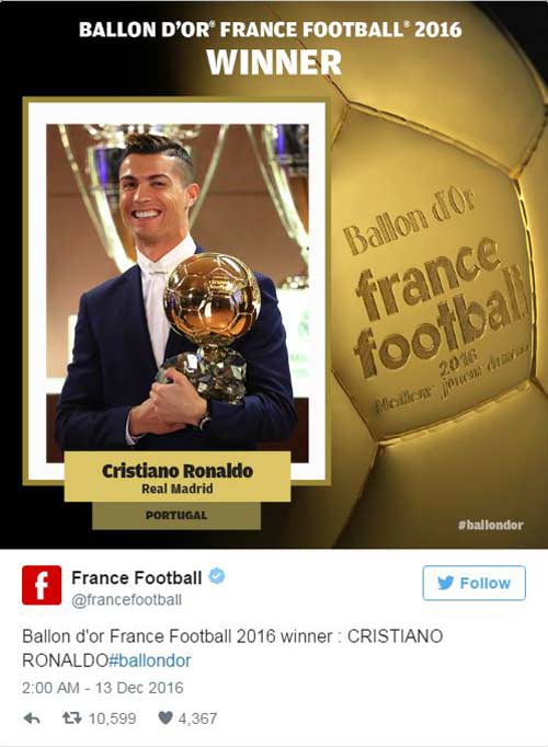 Quả bóng Vàng 2016: Đả bại Messi, Ronaldo lập &#34;poker&#34; - 1