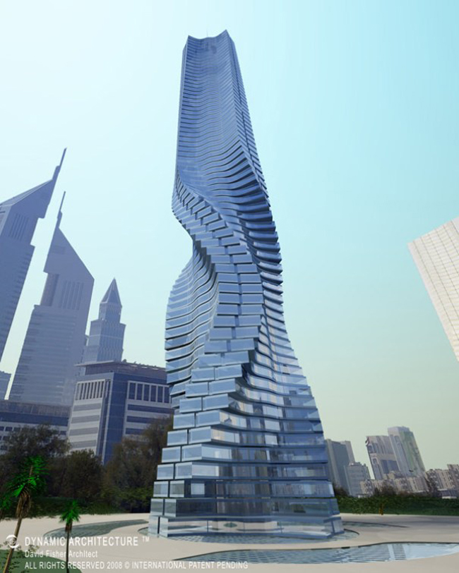 Tòa nhà tự chuyển động Rotating Tower ở Dubai. Với thiết kế đặc biệt, Rotating Tower có thể quay tròn 360 độ quanh một trục chính, được điều khiển bởi 79 tuabin chạy bằng sức gió. 