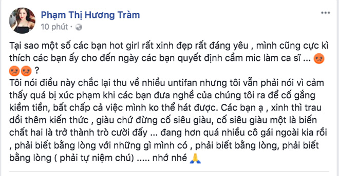 Hương Tràm lên tiếng sau status bị nghi &#34;đá đểu&#34; Chi Pu mang nghề hát kiếm tiền - 2