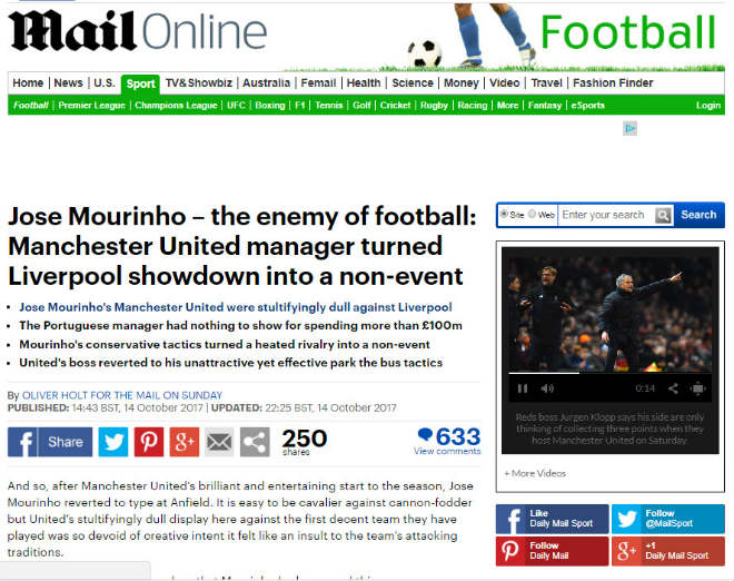 MU- Mourinho &#34;hèn nhát&#34;: Fan ức chế, báo Anh gọi là &#34;kẻ thù bóng đá&#34; - 1