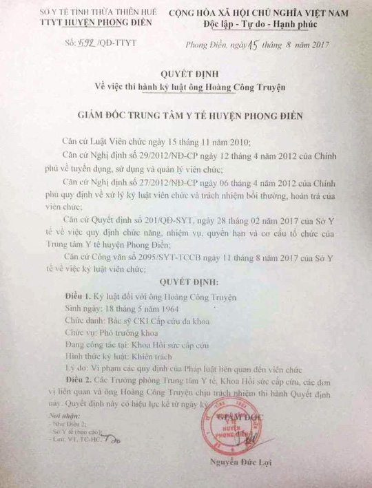 Sở Y tế Thừa Thiên - Huế chính thức xin lỗi BS Truyện - 1