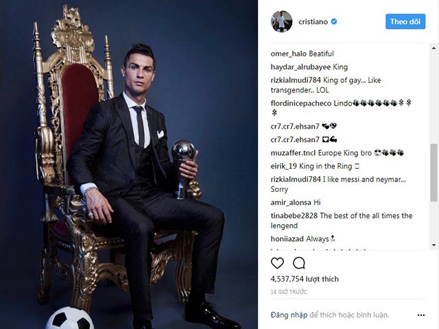 Ronaldo tung ảnh “Vua trên ngai vàng” triệu like, cộng đồng mạng dậy sóng