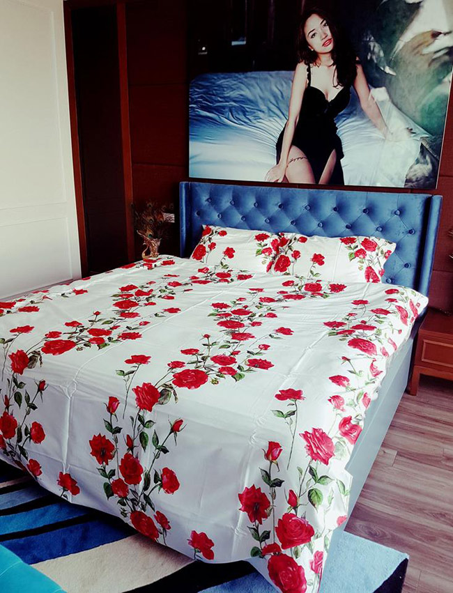 Phòng ngủ cũng treo riêng một tấm hình gợi cảm của Vân Hugo.