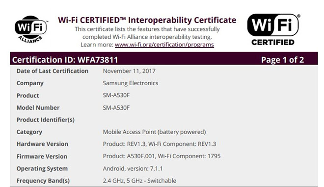 Samsung Galaxy A5 &#40;2018&#41; và A7 &#40;2018&#41; đạt chứng nhận Wi-Fi - 1