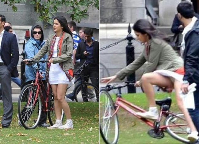Nữ diễn viên Katrina Kaif không làm chủ được chiếc xe đạp khi quay bộ phim Ek Tha Tiger khiến cô bị lộ nội y.