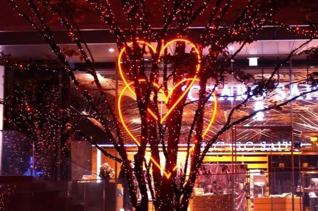 Một địa điểm rất được các cặp đôi yêu thích: cặp đèn LED hình trái tim treo cao ngay giữa khu trung tâm.