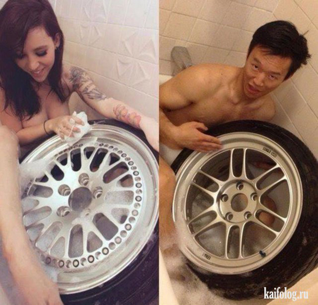 Tôi cũng biết rửa bánh xe như cô nè.