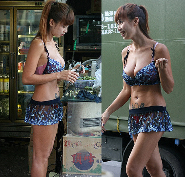 Khách du lịch đến Đài Loan dễ dàng bắt gặp những cô gái ăn mặc gợi cảm thế này để thu hút sự chú ý của người mua hàng. 