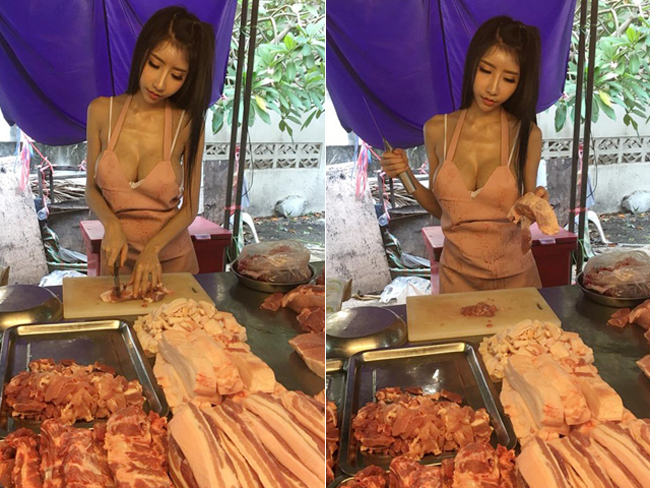 Chỉ mặc bikini và đeo tạp dề mà thản nhiên bán thịt lợn giữa chợ, Maria Yamazaki (đang sống tại Bangkok) khiến nhiều người "hốt hoảng". 