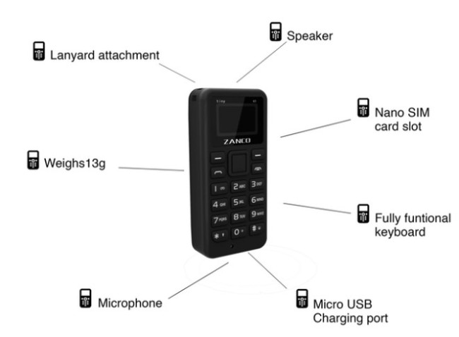 T1 là một điện thoại di động mang đến những điều cơ bản: cổng sạc USB, bàn phím, loa và micro. Ngoài ra còn có khe buộc dây để bạn có thể gắn nó trên vòng đeo cổ của mình.